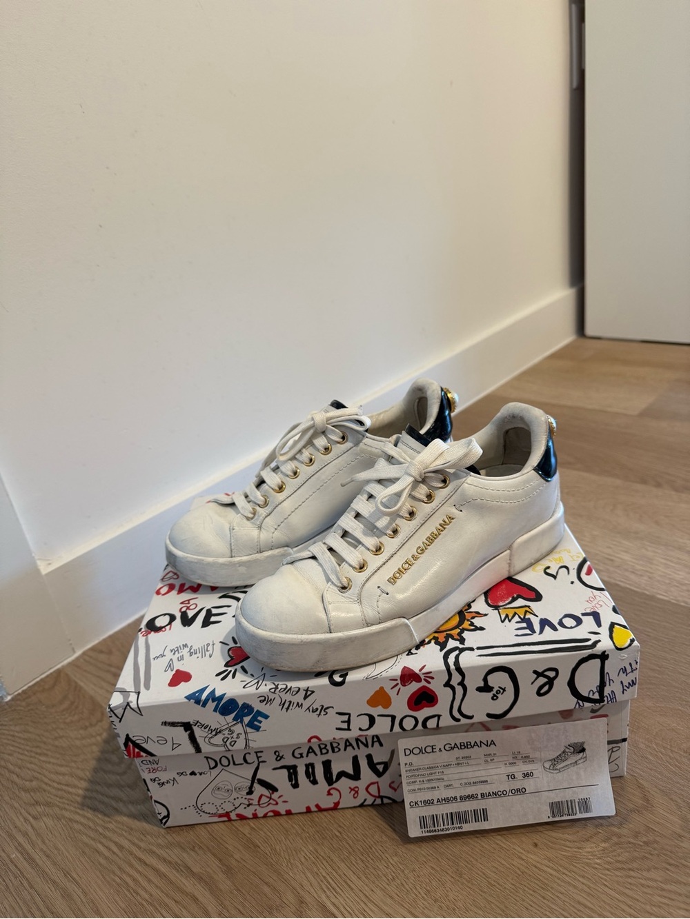 Dolce & Gabbana Women White Leather Sneakers with Gold Accents and Navy Heel